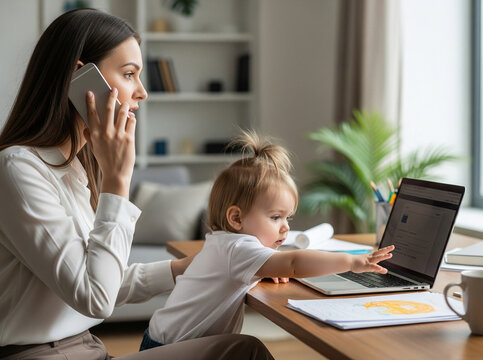 Multitasking mother working from home on a business call with her toddler nearby.