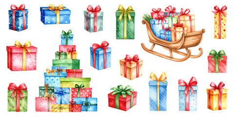 Watercolor Clipart of Christmas Colorful Gifts Isolated on White Background. AI generated. Set of Drawn Elements.
