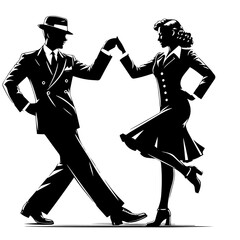 Black and white vector silhouette of a 1940s couple dancing on white background