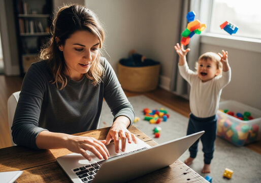 Young mother balances remote work and childcare, writing at a desk beside her toddler
