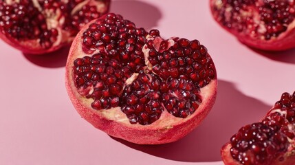 Fresh pomegranate halves on pink background for healthy living concept