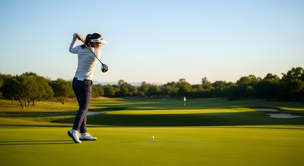 Woman Golfer Executing Perfect Swing on Sunny Course