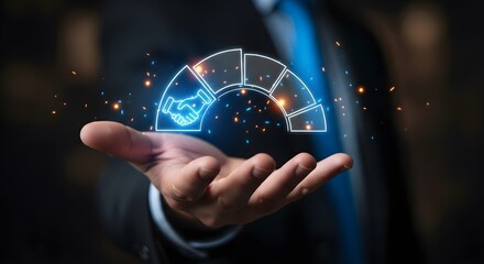 A man holding a glowing digital handshake icon within a segmented arc. Modern business partnership and collaboration concept.