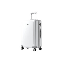 Pristine white modern suitcase with extended handle on transparent background