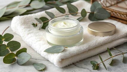 Cream jar on soft towel with eucalyptus leaves