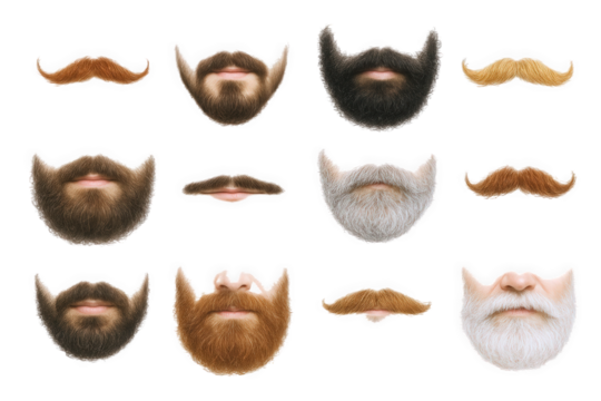Collection of Diverse Beard and Moustache Styles for Men, Showcasing Various Colors and Textures