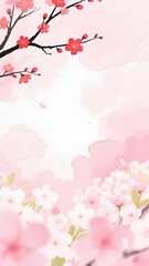 Fototapeta premium A vertical watercolor illustration of a beautiful spring background with delicate pink and red cherry blossoms, and white flowers against a soft pink sky with clouds.