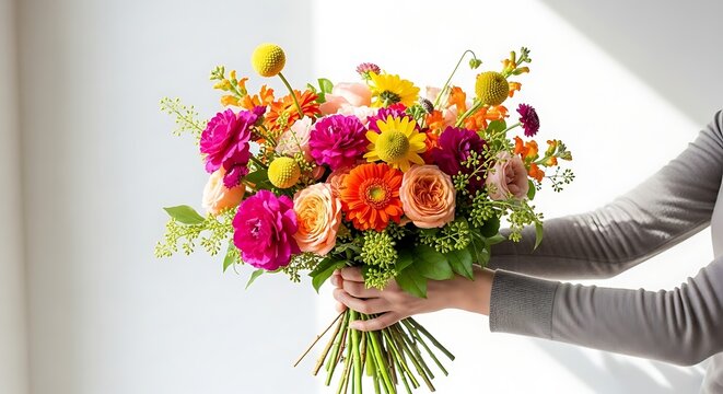 Pair of Hands Holding a Large, Abundant and Vibrant Mixed Flower Bouquet