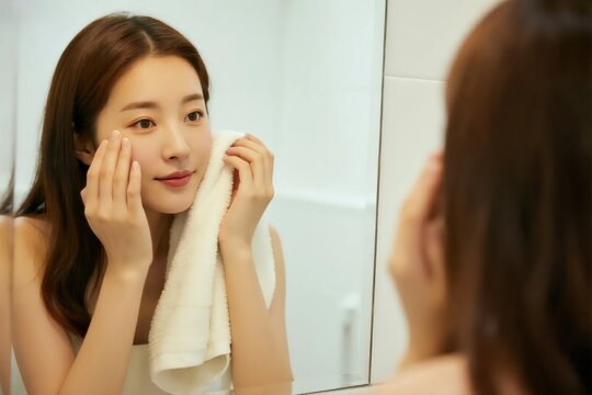 A beautiful young Asian woman with a smile, holding a white towel and patting her face in the bathroom, looking at her reflection in the mirror.
