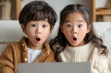 Asian boy and girl watching a laptop, with surprised facial expressions, in a living room setting with a white sofa, close-up shot of the children's faces
