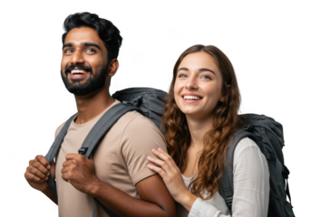 Happy couple backpacking together isolated on transparent background
