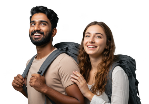 Happy couple backpacking together isolated on transparent background