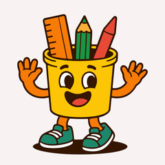 Cute Pencil Cup Cartoon Mascot with School Supplies. Vector illustration.