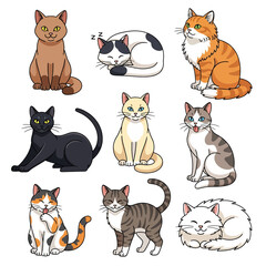 flat illustration set with transparent background of various cute cartoon cat characters in different poses, including sitting, playing, sleeping, and stretching. Ideal for pet and animal themes