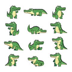 flat illustration set with transparent background of cute cartoon crocodile characters in various poses: standing, walking, sitting, and smiling. Ideal for children's designs and wildlife themes