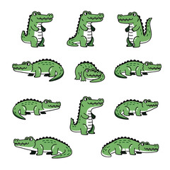 flat illustration set with transparent background of cute cartoon crocodile characters in various poses: standing, walking, sitting, and smiling. Ideal for children's designs and wildlife themes