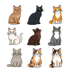 flat illustration set with transparent background of various cute cartoon cat characters in different poses, including sitting, playing, sleeping, and stretching. Ideal for pet and animal themes