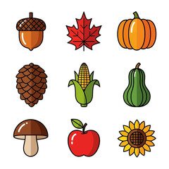 flat illustration icon set with transparent background of autumn harvest elements. Ideal for fall themes