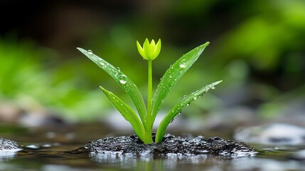Green Plant Growing in Silt with Water Droplets on Leaves