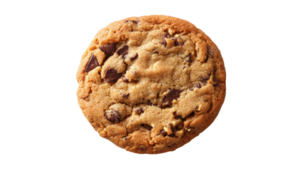 A close-up of a chocolate chip cookie with a golden-brown color and visible chocolate chunks.