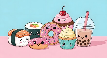 Adorable Kawaii Food Characters Illustration