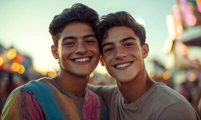 Happy young Latino gay male couple hugging at a funfair amusement park during a summer festival, celebrating love and inclusivity, Generative AI