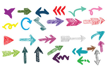 Vector Set of Hand drawn Charcoal arrows icons Arrows mark icon isolated on transparent background Scribble symbols of direction pointers  swirl arrow elements