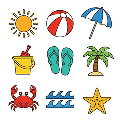 flat illustration icon set with transparent background of various summer beach elements. Ideal for vacation themes