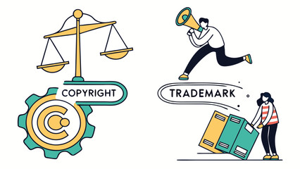 Illustration depicting copyright with scales and a gear and trademark with a megaphone and packages