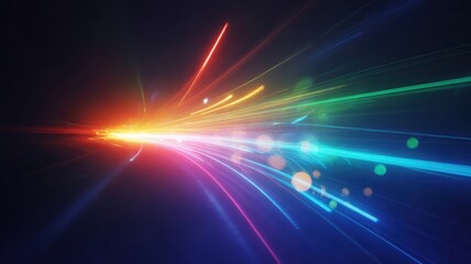 Vibrant rainbow light trails bursting from a bright source