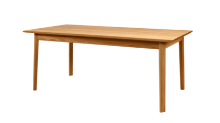 A wooden dining table featuring a simple, rectangular design with sturdy legs, ideal for family meals or gatherings.