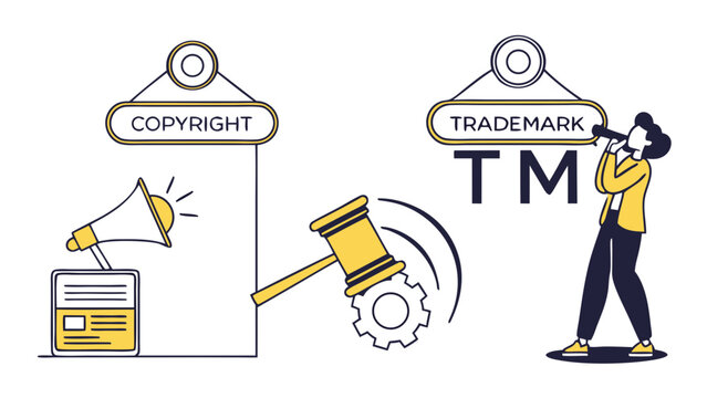 Illustration showing copyright with megaphone and trademark with person using telescope symbol