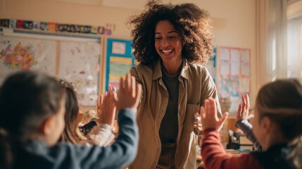Happy teacher greets cheerful students before math lesson in classroom