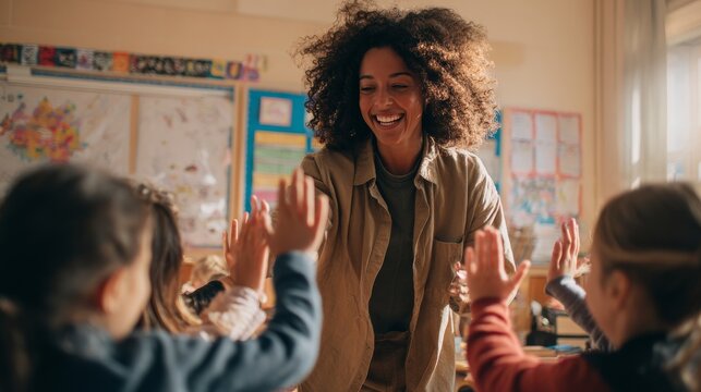 Happy teacher greets cheerful students before math lesson in classroom