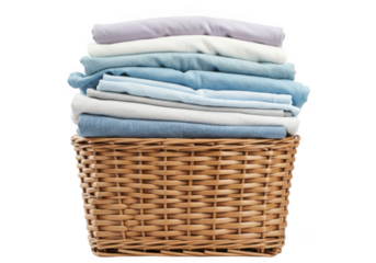 Stack of folded clothes in wicker basket isolated on transparent background