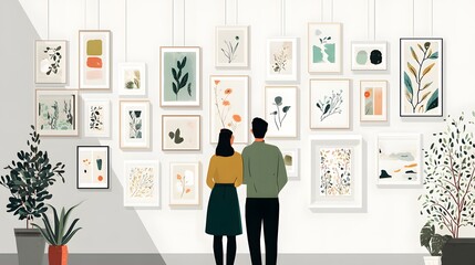 Couple admiring art exhibition in a modern gallery
