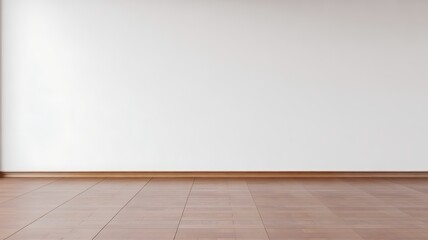 Empty room with white wall and polished wooden floor and baseboard interior hardwood