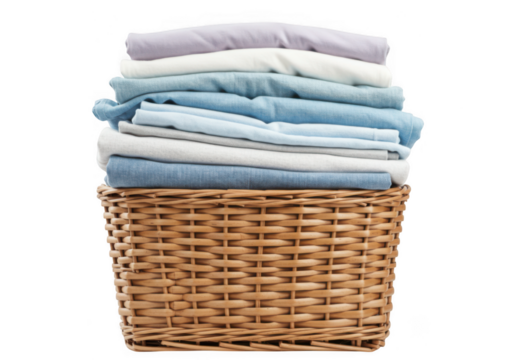 Stack of folded clothes in wicker basket isolated on transparent background