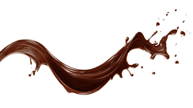 A smooth, flowing wave of rich chocolate, with droplets splashing off, creating a dynamic and appetizing visual.