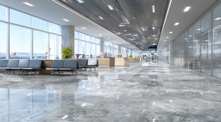 Modern airport terminal interior.  Large, bright hall with marble floor,  gray/beige seating, and panoramic windows showcasing planes outside.  Built-in counters and information displays are visible