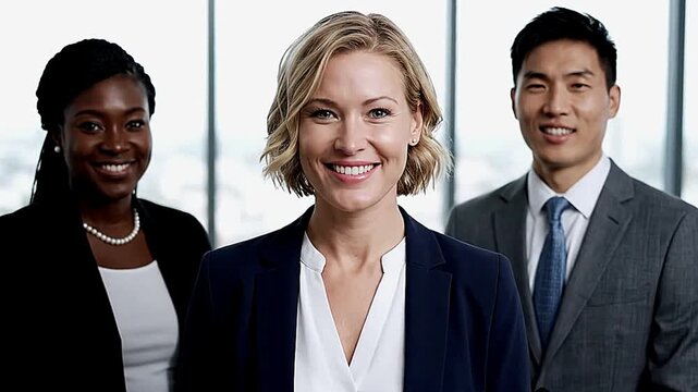Smiling group of diverse professionals in business attire pose against a blurred bright indeterminate background