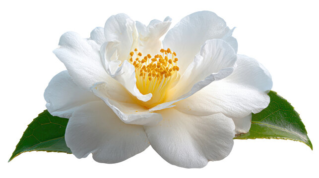 A stunning white camellia flower with delicate petals and vibrant yellow stamens, complemented by lush green leaves.