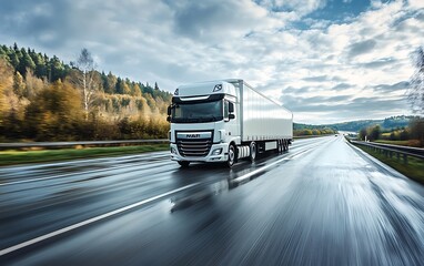 On the Open Road: A powerful truck cruises down a highway, against a backdrop of dynamic skies and lush, nature-filled scenes, with the smooth and reflective surface of the highway.