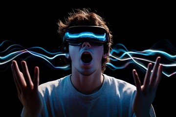 Immersive Virtual Reality Experience: A person wearing a VR headset is fully immersed in the digital world, expressing awe and excitement with their open mouth.