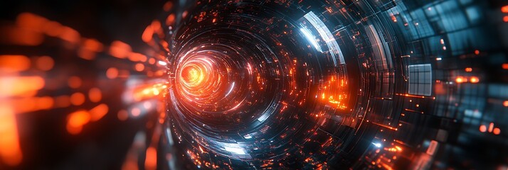 Technological Fusion: A visually stunning artistic rendering of an intricate, futuristic tunnel. The scene is awash in a vibrant interplay of warm orange and cool blue hues.