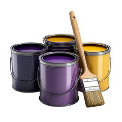 Four paint cans, purple & yellow, with paintbrush