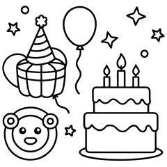 Whimsical Birthday Doodles Line Art Vector Hand-Drawn Party Elements Clipart