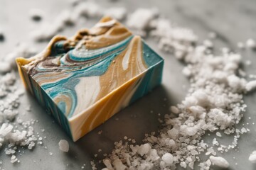 Artisan soap bar with marbled texture and mineral salt crystals, styled for natural skincare, spa concepts, and handmade cosmetic product storytelling.