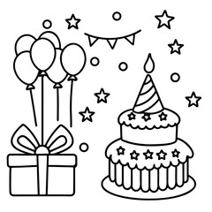 Whimsical Birthday Doodles Line Art Vector Hand-Drawn Party Elements Clipart