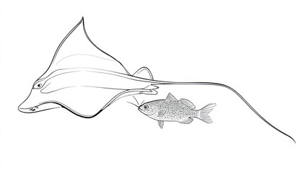 Obraz premium Monoline drawing of a stingray and a fish